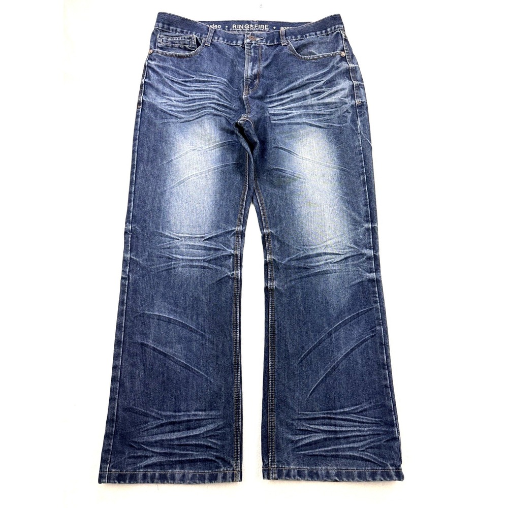 Ring of Fire Jeans‎ Men Blue 38x30 Bootcut Whisker Crinkled Distress Denim